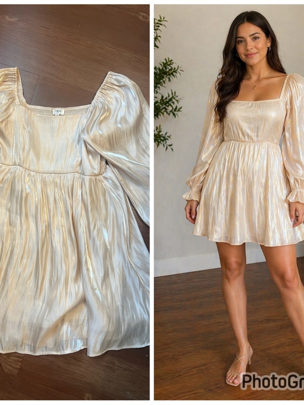 Umgee Metallic Cream Square Neck Puff Sleeve Mini Dress